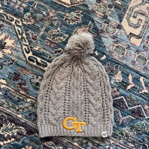 Georgia Tech GT Banner 47 Pom Pom Cable Knit Beanie - Gray with Gold Logo